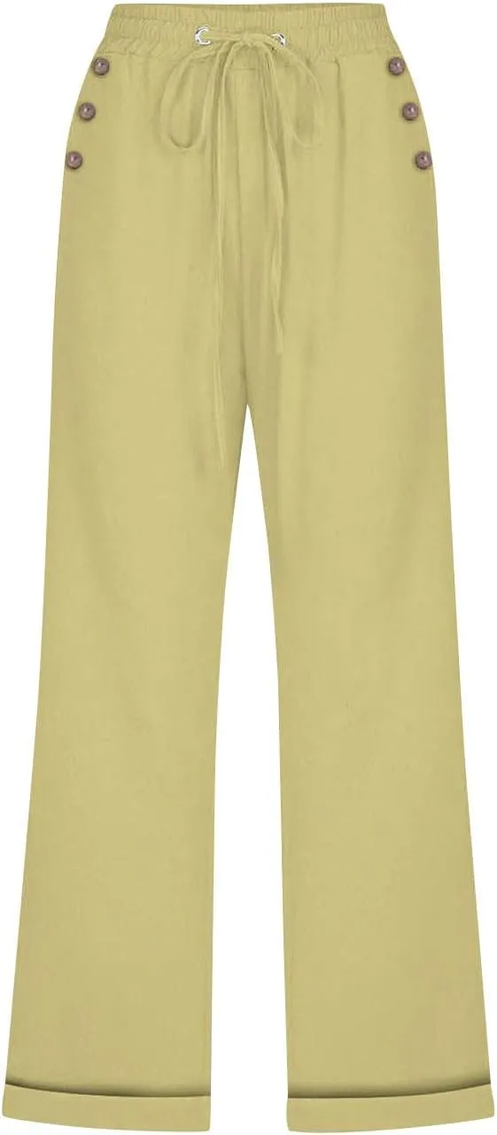 Linen Pants Women Cotton Linen Capris Pants Drawstring Elastic Waist Cropped Trousers Summer Pants with Pockets