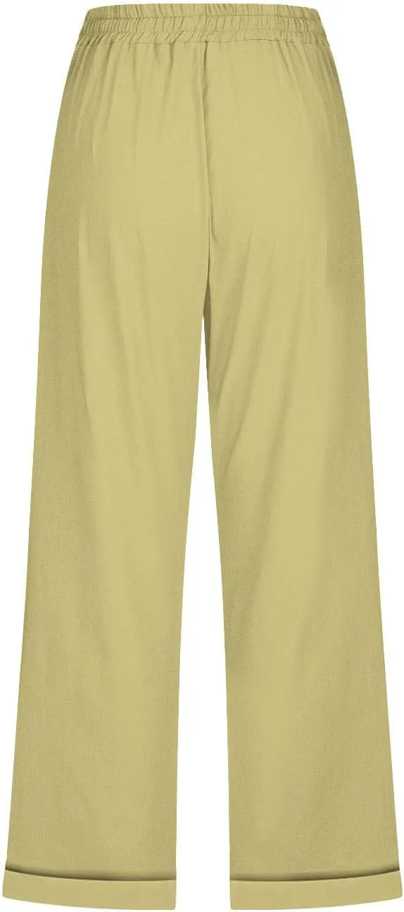 Linen Pants Women Cotton Linen Capris Pants Drawstring Elastic Waist Cropped Trousers Summer Pants with Pockets