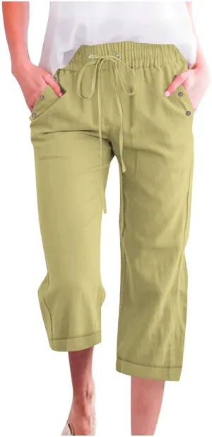 Linen Pants Women Cotton Linen Capris Pants Drawstring Elastic Waist Cropped Trousers Summer Pants with Pockets
