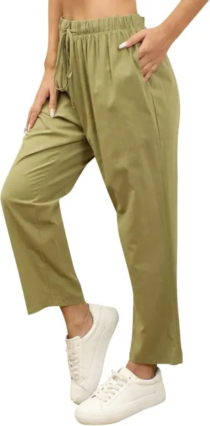 Linen Pants Women Summer Casual Cotton Linen Trousers High Waisted Drawstring Elastic Waist Beach Lounge Pants