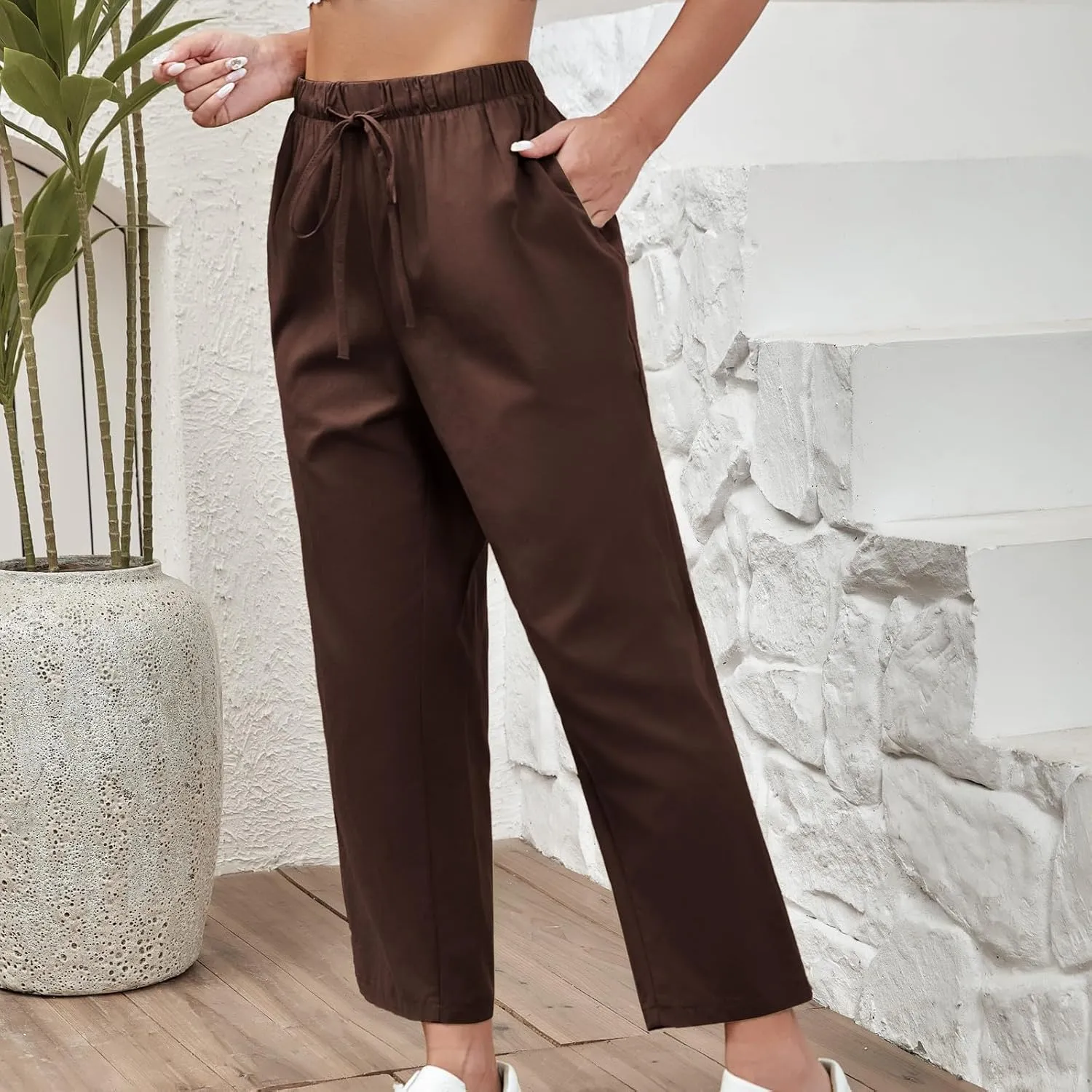 Linen Pants Women Summer Casual Cotton Linen Trousers High Waisted Drawstring Elastic Waist Beach Lounge Pants