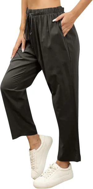 Linen Pants Women Summer Casual Cotton Linen Trousers High Waisted Drawstring Elastic Waist Beach Lounge Pants