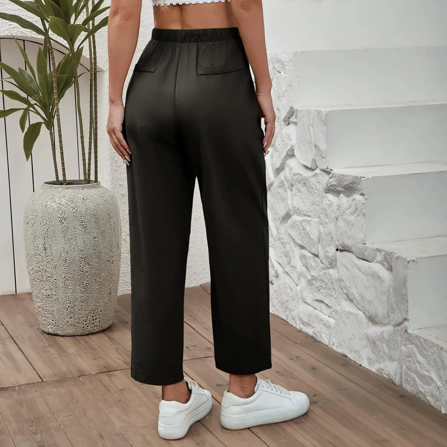 Linen Pants Women Summer Casual Cotton Linen Trousers High Waisted Drawstring Elastic Waist Beach Lounge Pants