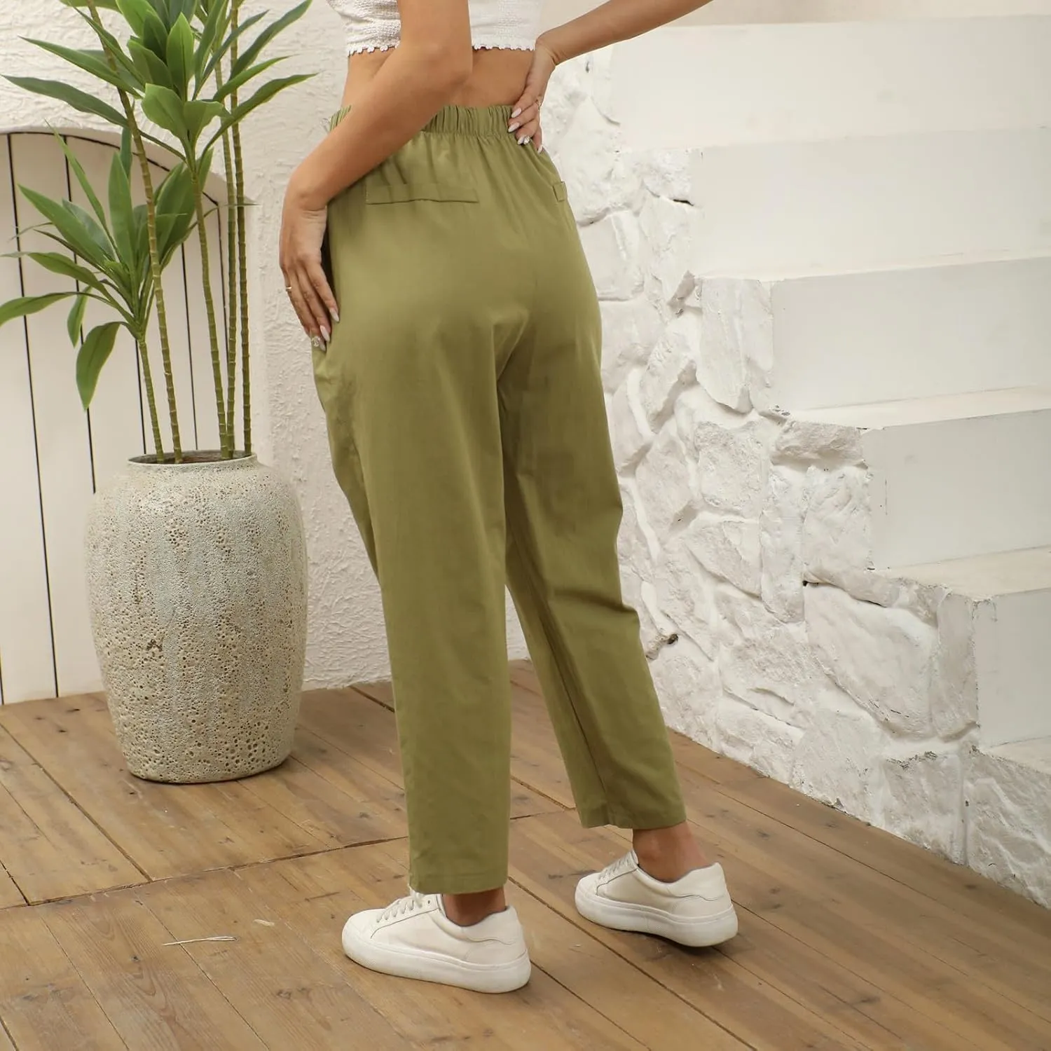 Linen Pants Women Summer Casual Cotton Linen Trousers High Waisted Drawstring Elastic Waist Beach Lounge Pants