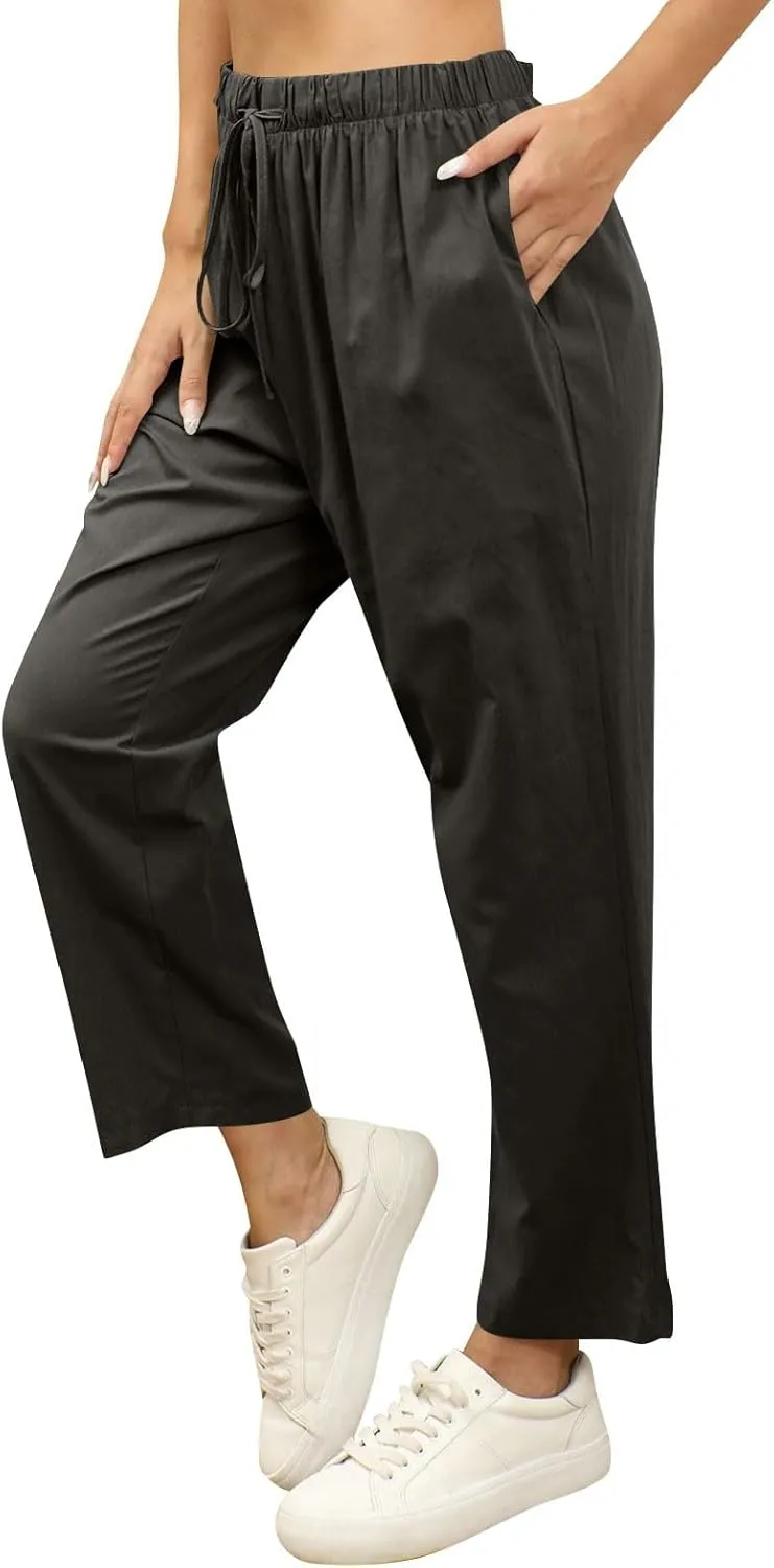 Linen Pants Women Summer Casual Cotton Linen Trousers High Waisted Drawstring Elastic Waist Beach Lounge Pants