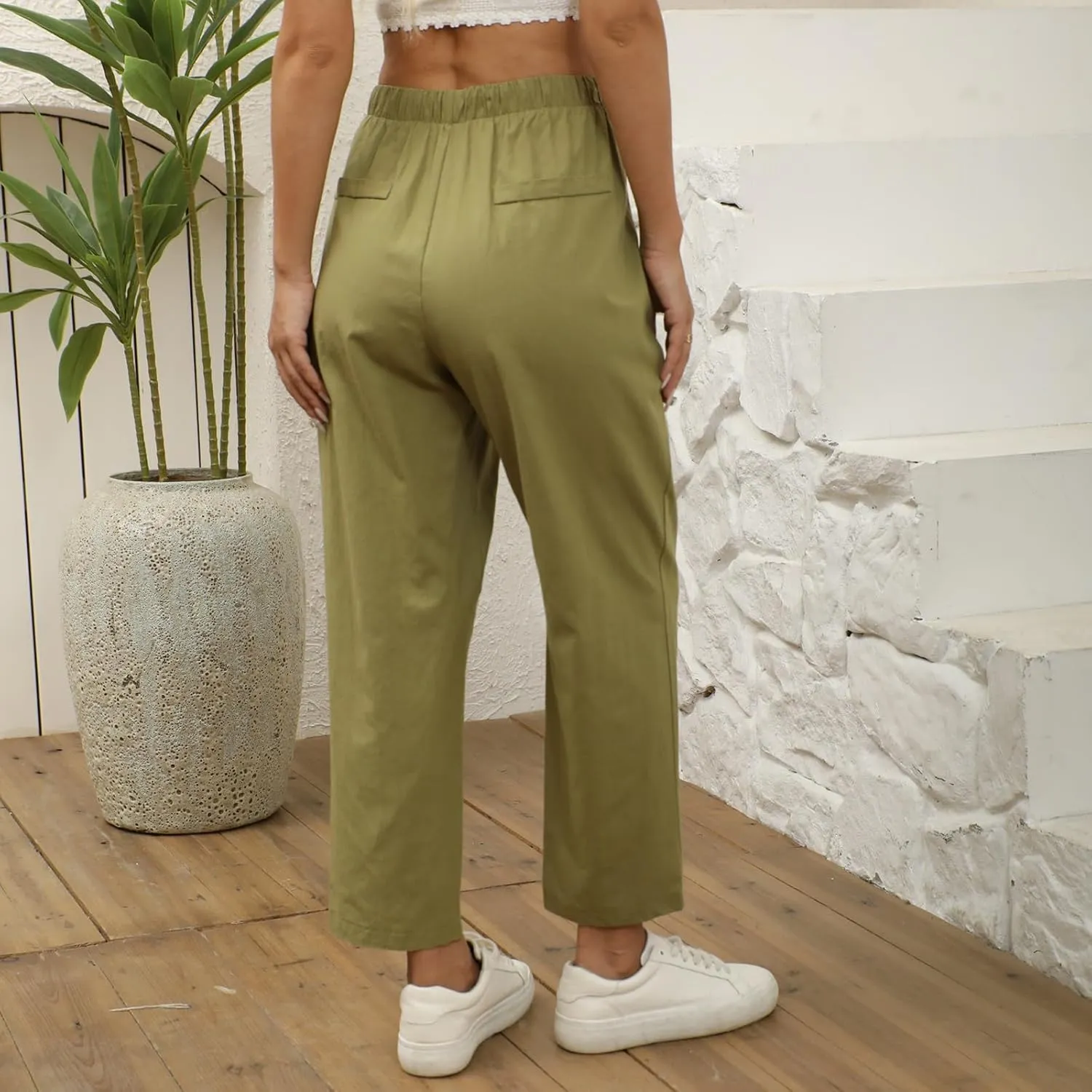 Linen Pants Women Summer Casual Cotton Linen Trousers High Waisted Drawstring Elastic Waist Beach Lounge Pants