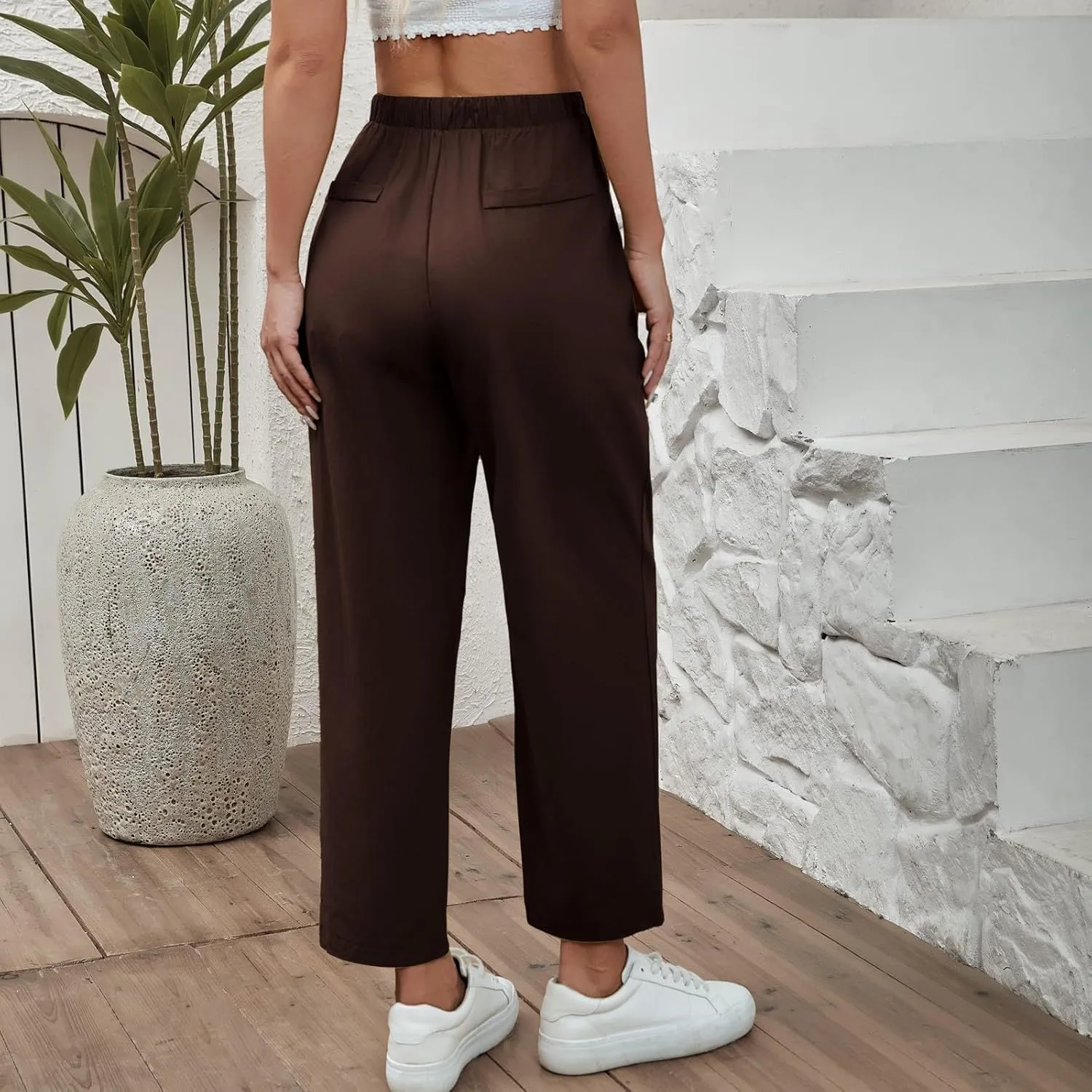 Linen Pants Women Summer Casual Cotton Linen Trousers High Waisted Drawstring Elastic Waist Beach Lounge Pants