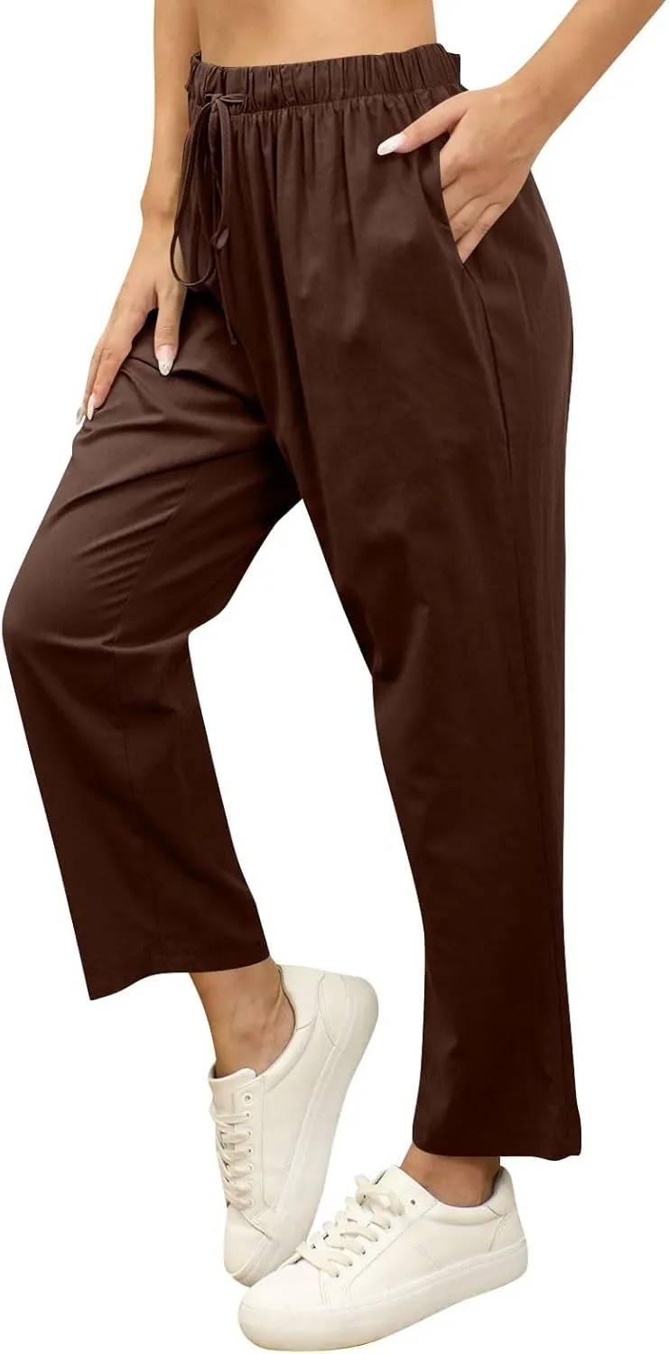 Linen Pants Women Summer Casual Cotton Linen Trousers High Waisted Drawstring Elastic Waist Beach Lounge Pants