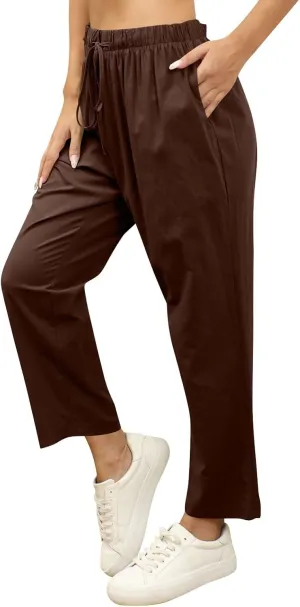 Linen Pants Women Summer Casual Cotton Linen Trousers High Waisted Drawstring Elastic Waist Beach Lounge Pants