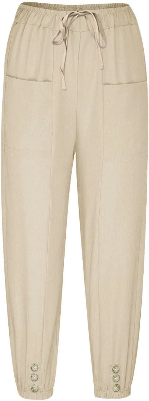 Linen Pants Women Summer High Waist Harem Cropped Pants Casual Loose Fit Trousers Beach Lounge Palazzo with Pocket