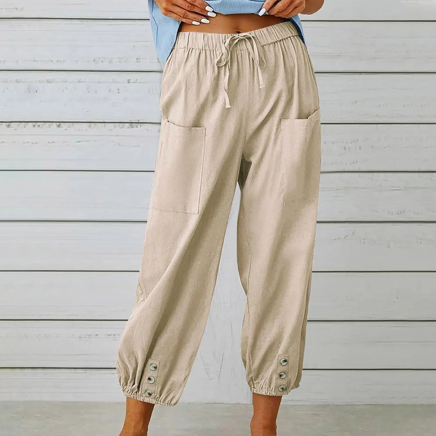 Linen Pants Women Summer High Waist Harem Cropped Pants Casual Loose Fit Trousers Beach Lounge Palazzo with Pocket