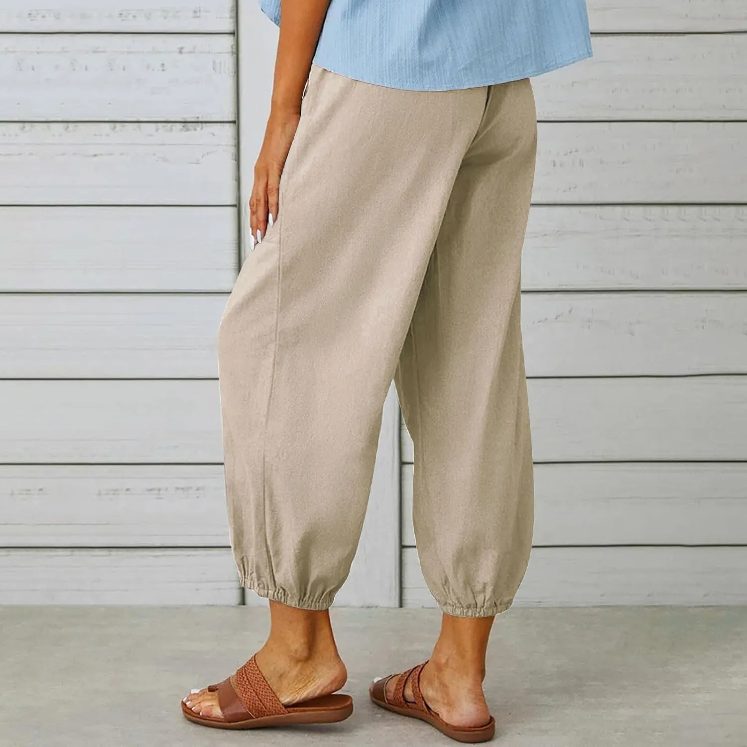 Linen Pants Women Summer High Waist Harem Cropped Pants Casual Loose Fit Trousers Beach Lounge Palazzo with Pocket
