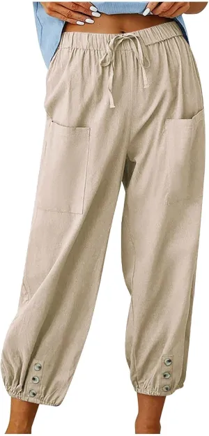 Linen Pants Women Summer High Waist Harem Cropped Pants Casual Loose Fit Trousers Beach Lounge Palazzo with Pocket
