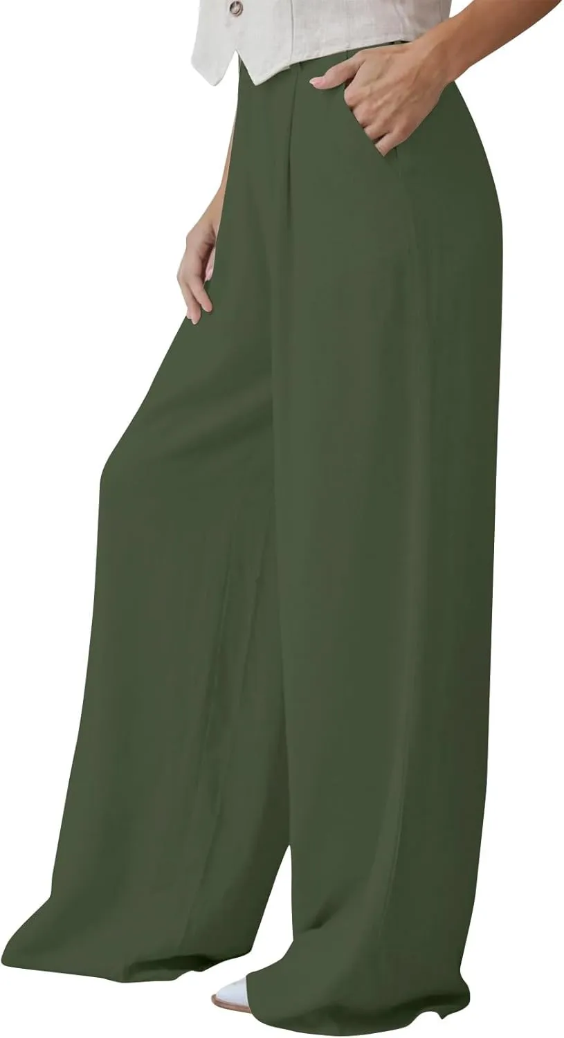 Linen Pants Women Summer Wide Leg Dress Pants Fashion High Waisted Button Palazzo Pant Business Work Pant