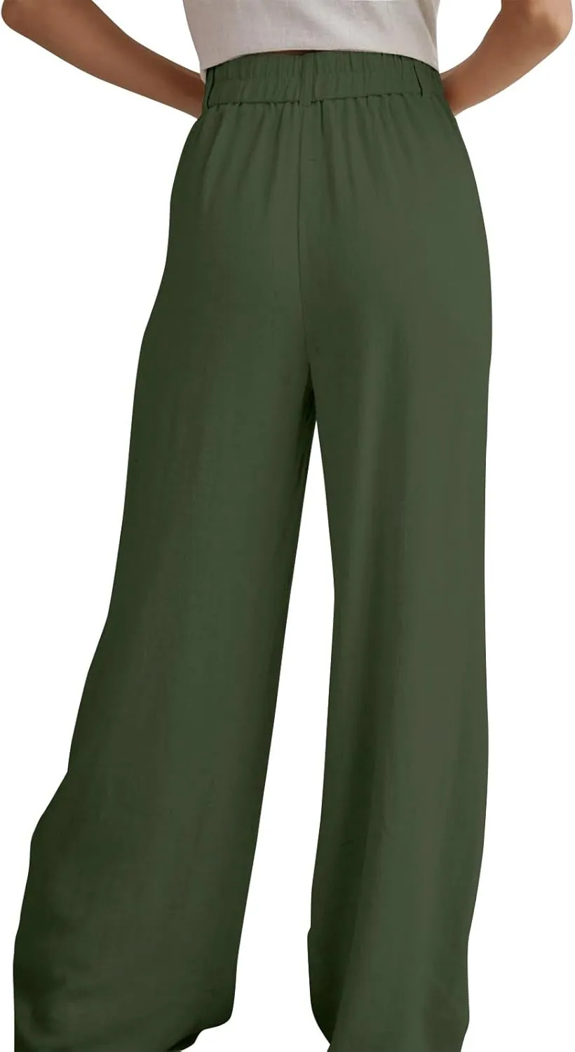 Linen Pants Women Summer Wide Leg Dress Pants Fashion High Waisted Button Palazzo Pant Business Work Pant