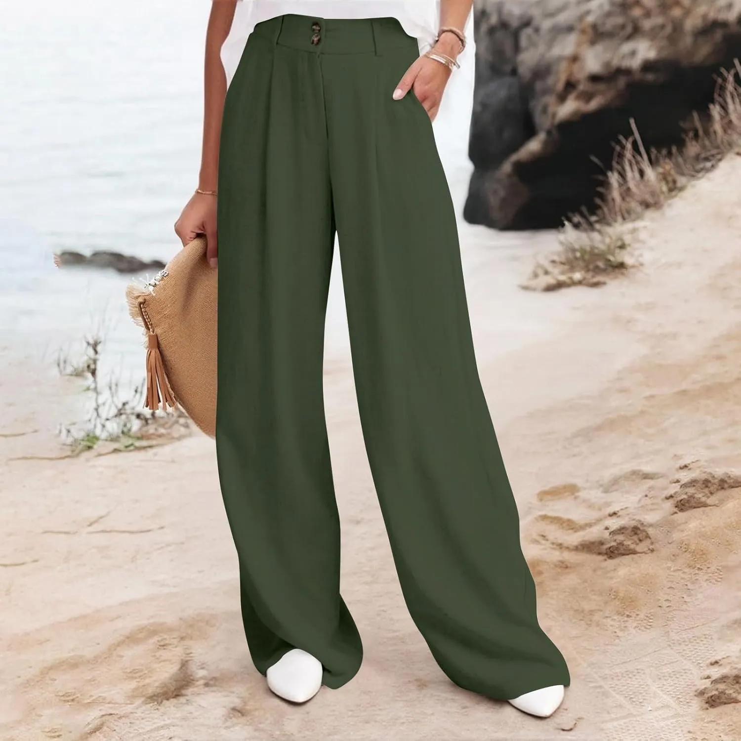 Linen Pants Women Summer Wide Leg Dress Pants Fashion High Waisted Button Palazzo Pant Business Work Pant