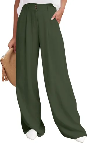 Linen Pants Women Summer Wide Leg Dress Pants Fashion High Waisted Button Palazzo Pant Business Work Pant