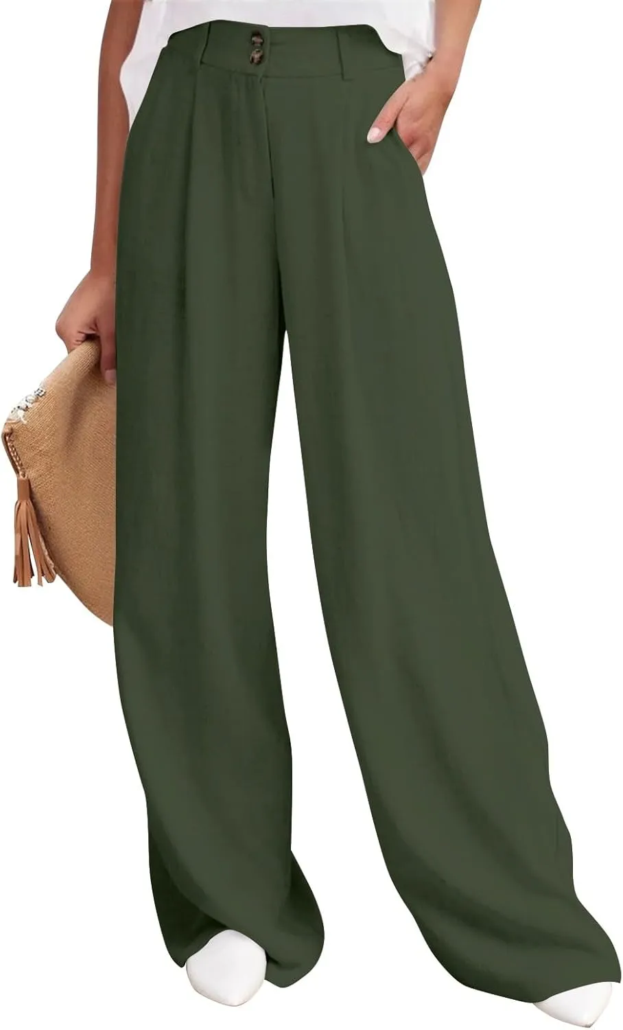 Linen Pants Women Summer Wide Leg Dress Pants Fashion High Waisted Button Palazzo Pant Business Work Pant