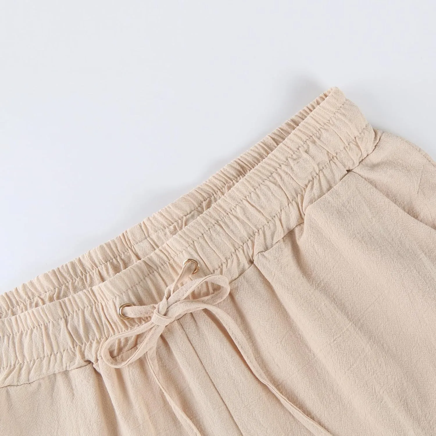 Linen Wide Leg Pants for Women Casual Summer Elastic Waisted Straight Leg Trousers Beach Cropped Pants with Pockets