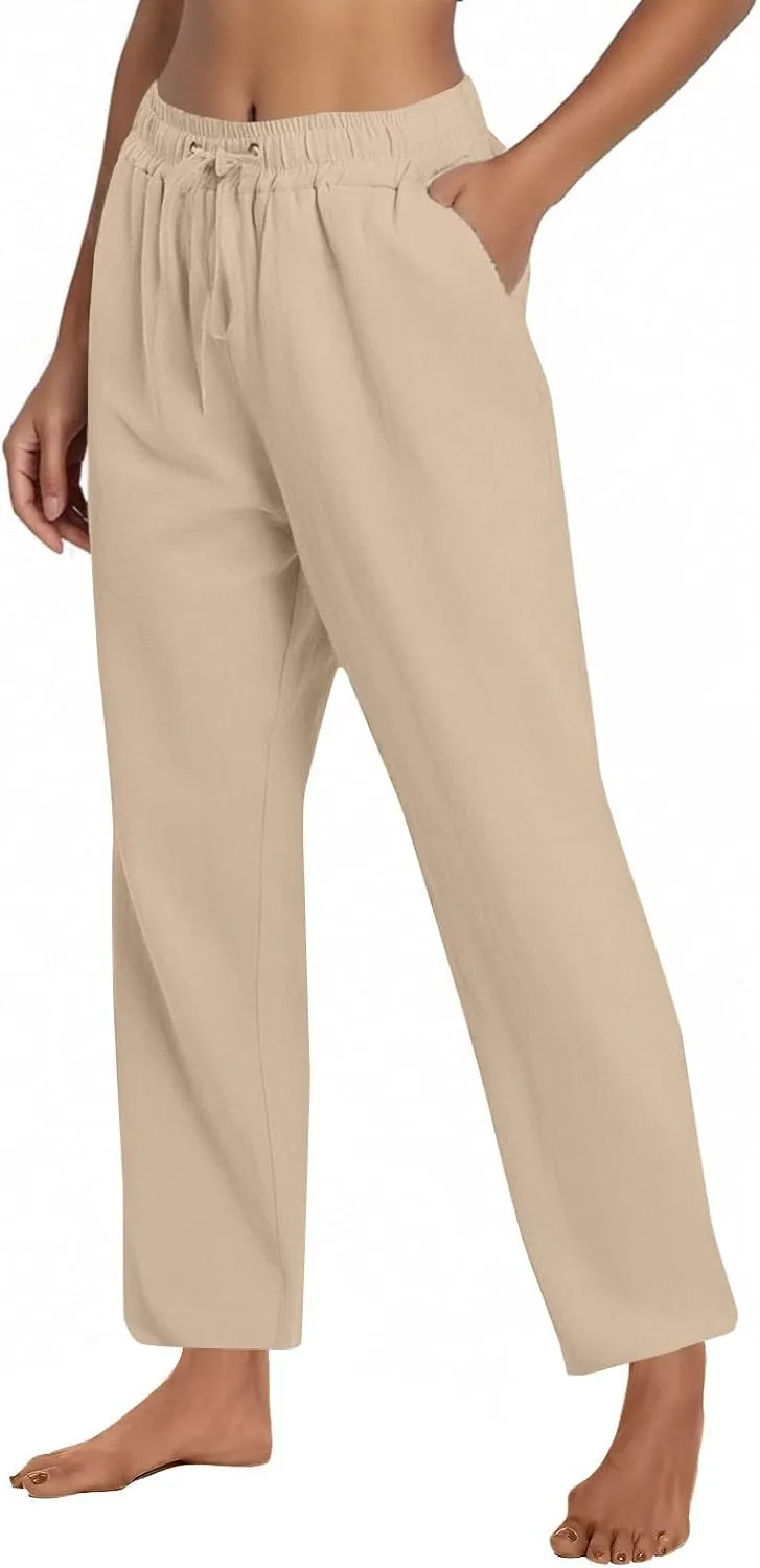 Linen Wide Leg Pants for Women Casual Summer Elastic Waisted Straight Leg Trousers Beach Cropped Pants with Pockets
