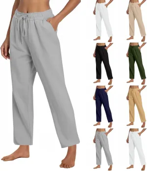 Linen Wide Leg Pants for Women Casual Summer Elastic Waisted Straight Leg Trousers Beach Cropped Pants with Pockets