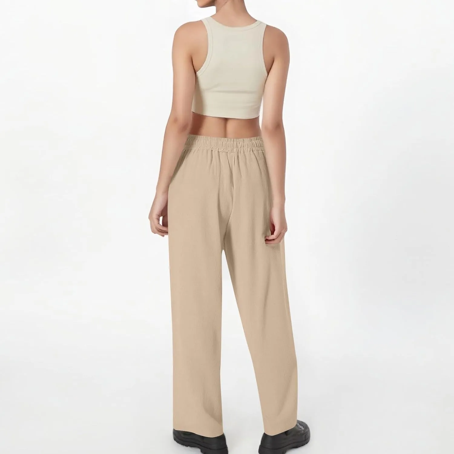 Linen Wide Leg Pants for Women Casual Summer Elastic Waisted Straight Leg Trousers Beach Cropped Pants with Pockets