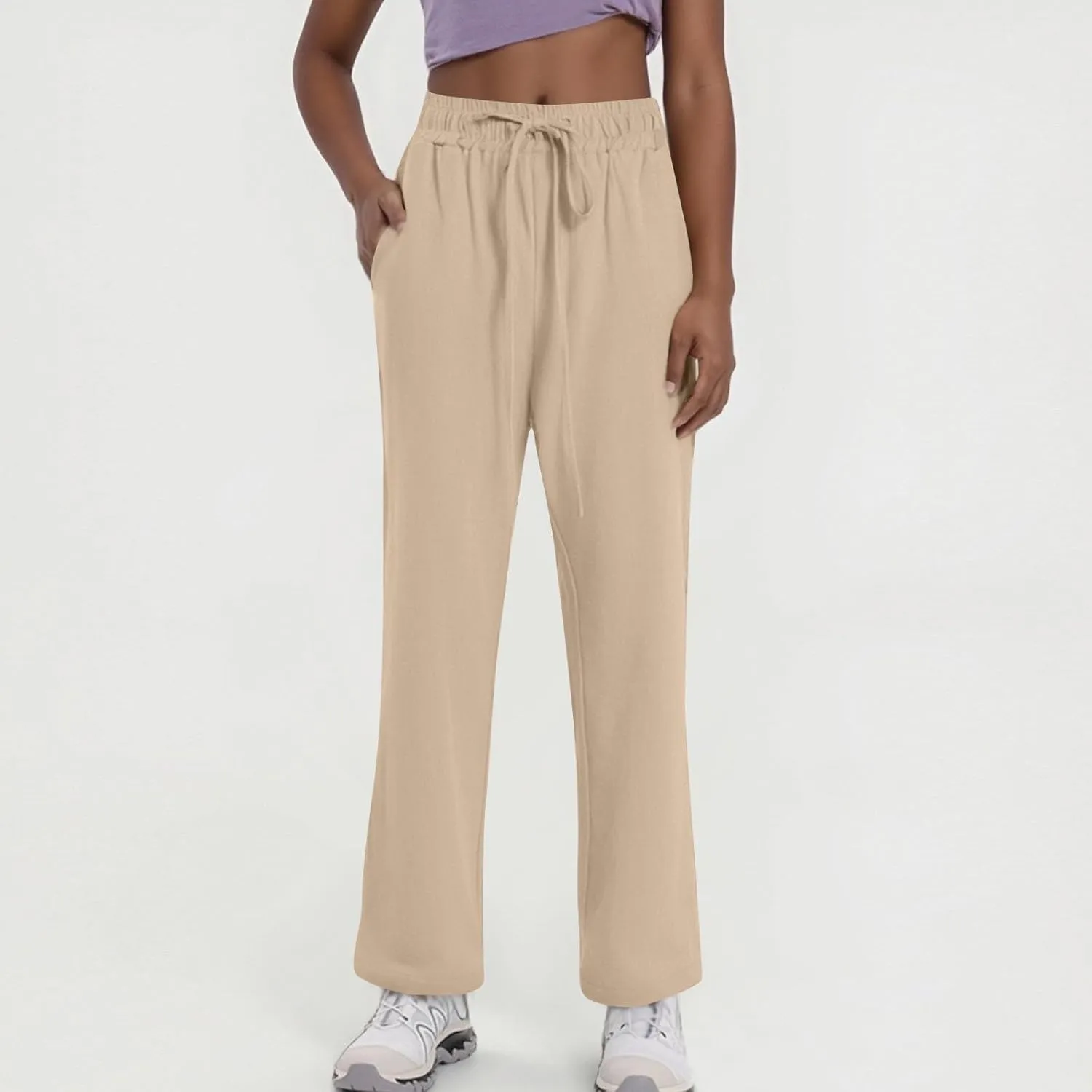 Linen Wide Leg Pants for Women Casual Summer Elastic Waisted Straight Leg Trousers Beach Cropped Pants with Pockets