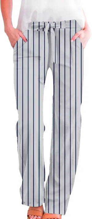Linen Wide Leg Pants for Women High Waisted Adjustable Tie Knot Work Loose Flowy Beach Long Trousers with Pockets