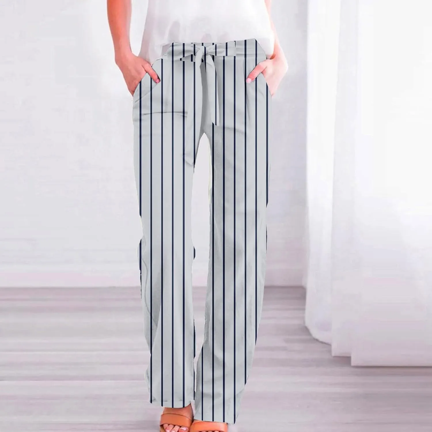 Linen Wide Leg Pants for Women High Waisted Adjustable Tie Knot Work Loose Flowy Beach Long Trousers with Pockets