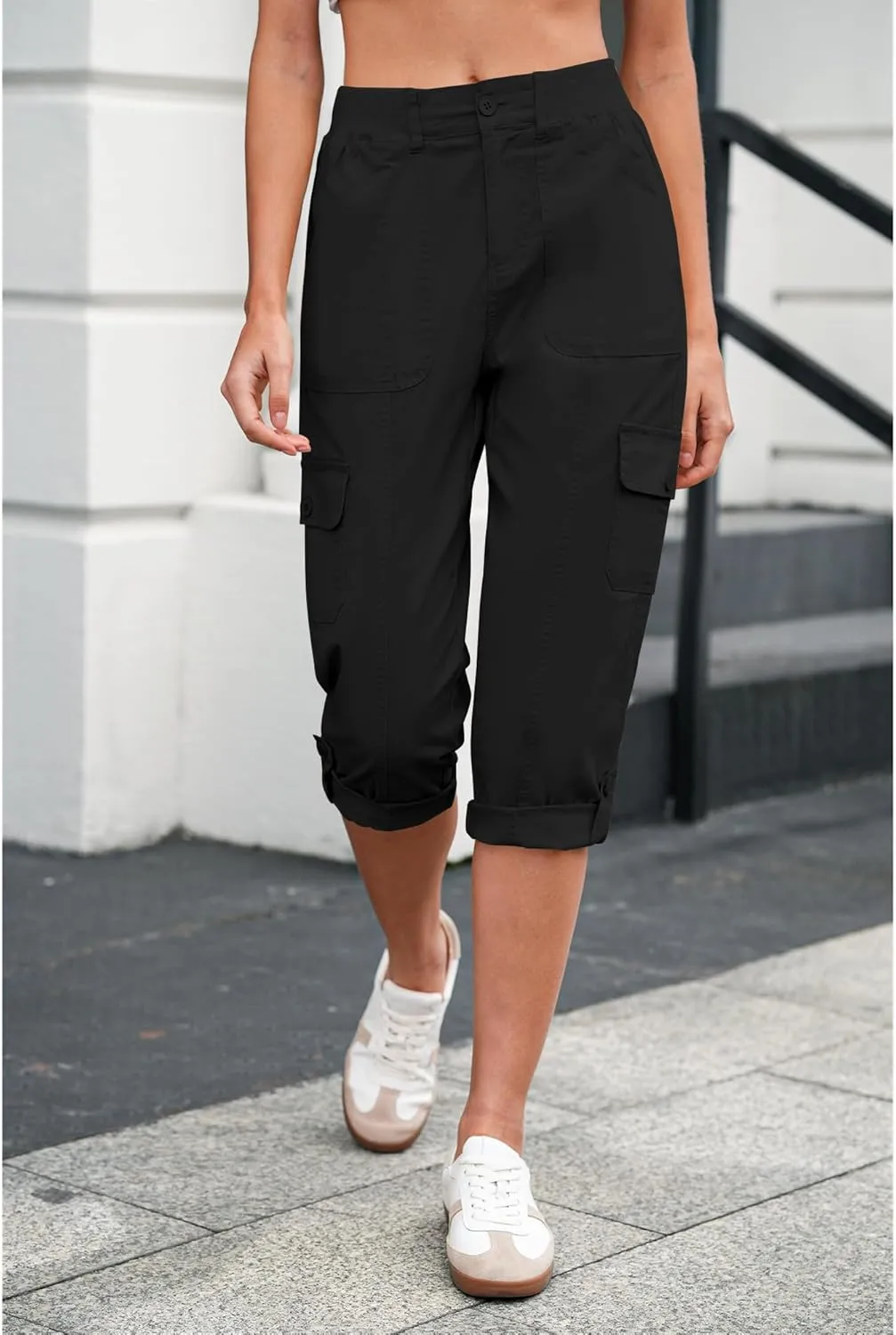 LookbookStore Capri Pants for Women High Waisted Cargo Casual Elastic Waist Rolled Hem Summer Capris Pants with Pockets