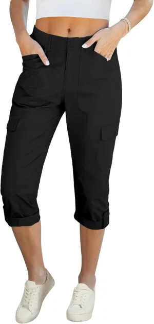 LookbookStore Capri Pants for Women High Waisted Cargo Casual Elastic Waist Rolled Hem Summer Capris Pants with Pockets