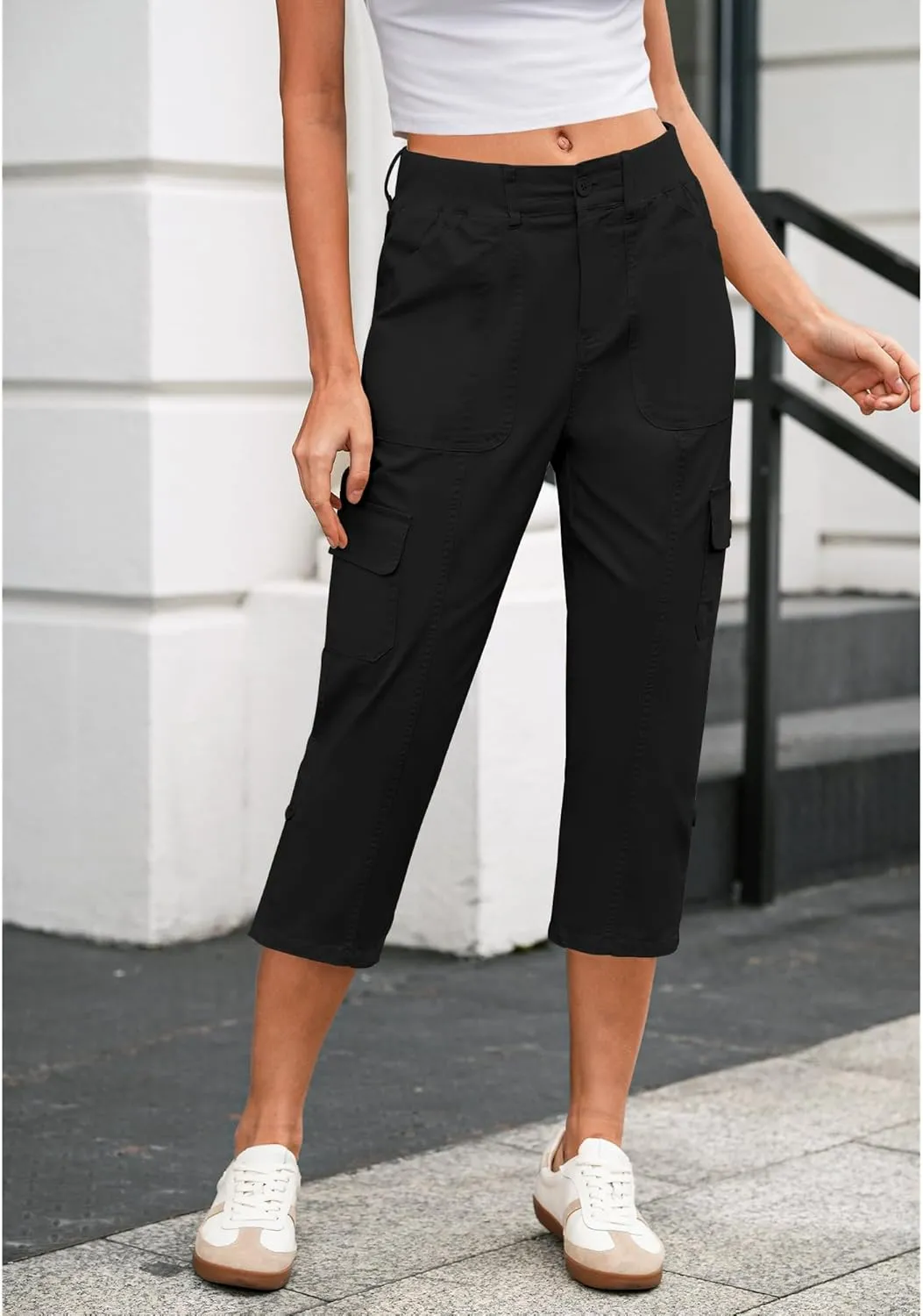 LookbookStore Capri Pants for Women High Waisted Cargo Casual Elastic Waist Rolled Hem Summer Capris Pants with Pockets