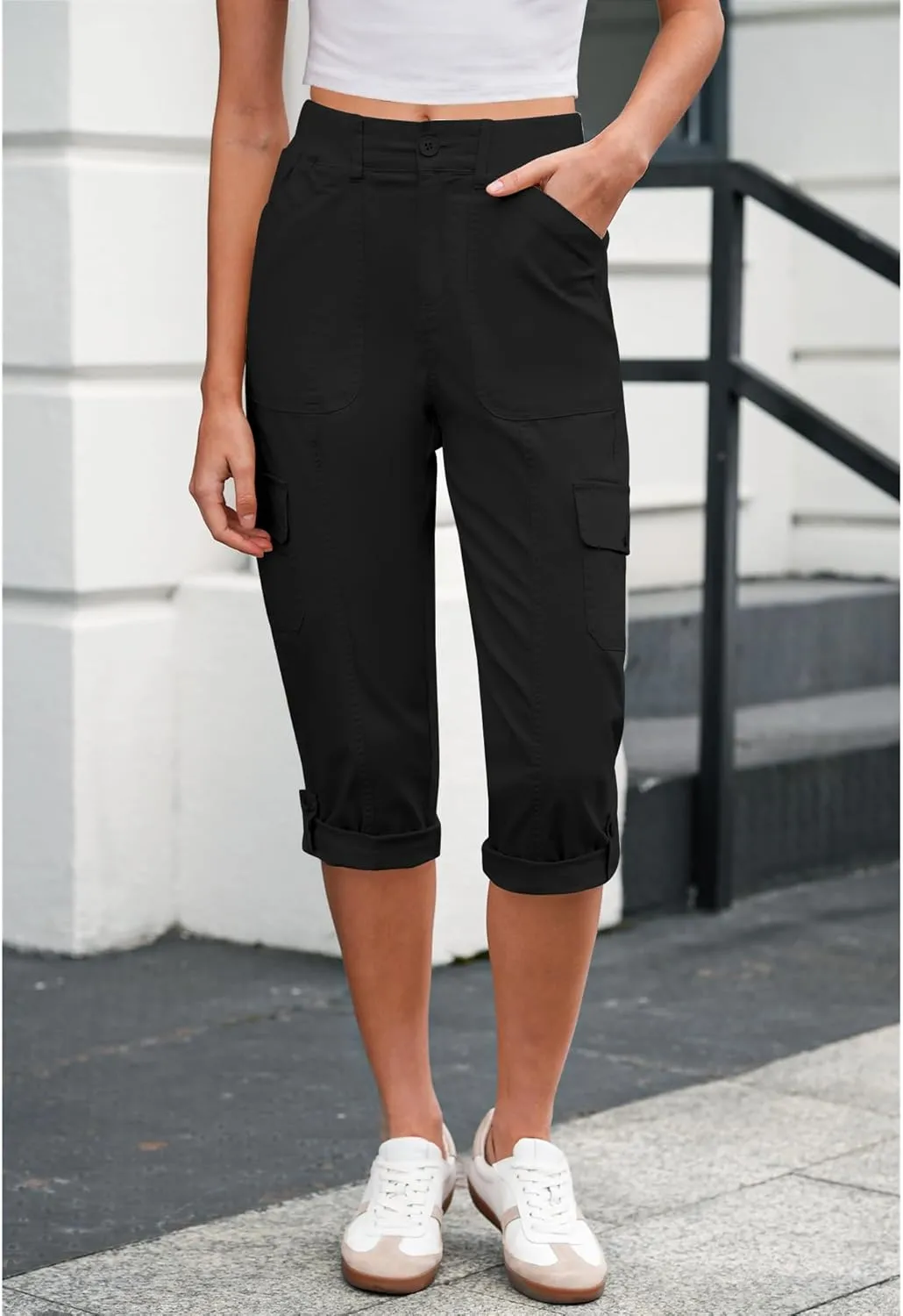 LookbookStore Capri Pants for Women High Waisted Cargo Casual Elastic Waist Rolled Hem Summer Capris Pants with Pockets