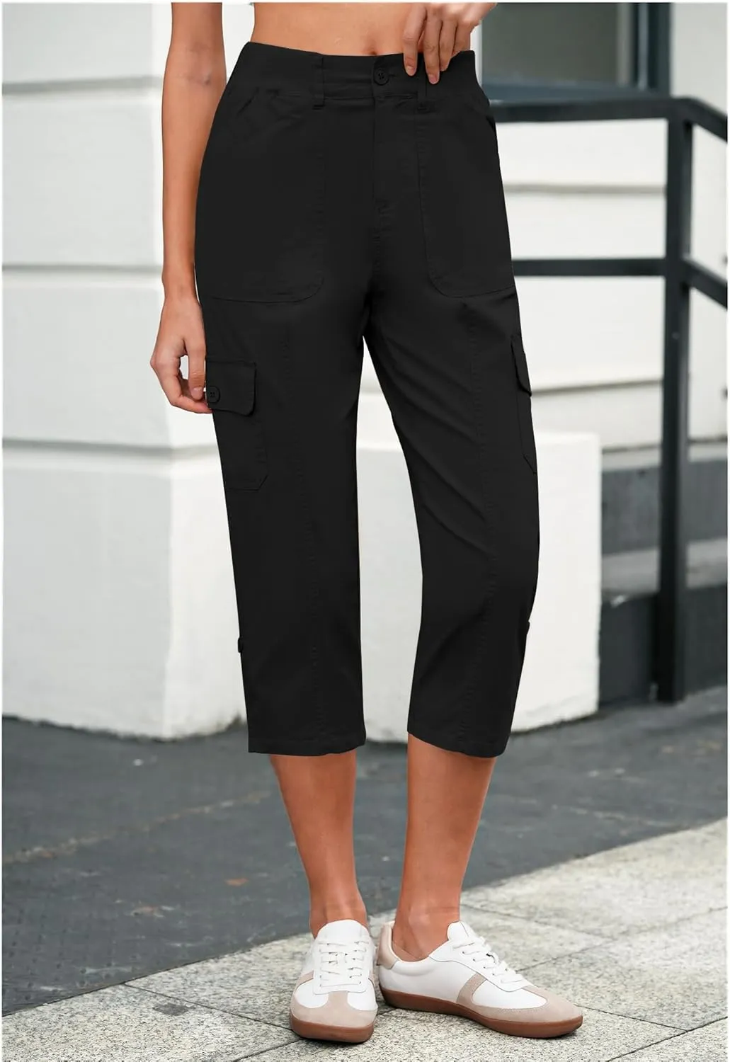 LookbookStore Capri Pants for Women High Waisted Cargo Casual Elastic Waist Rolled Hem Summer Capris Pants with Pockets