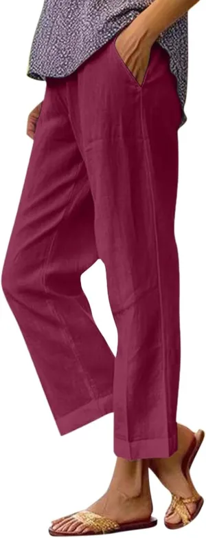 Lounge Pants for Women Casual Cotton Linen Summer Wide Leg Drawstring High Waist Cropped Trouser Vacation Outfits