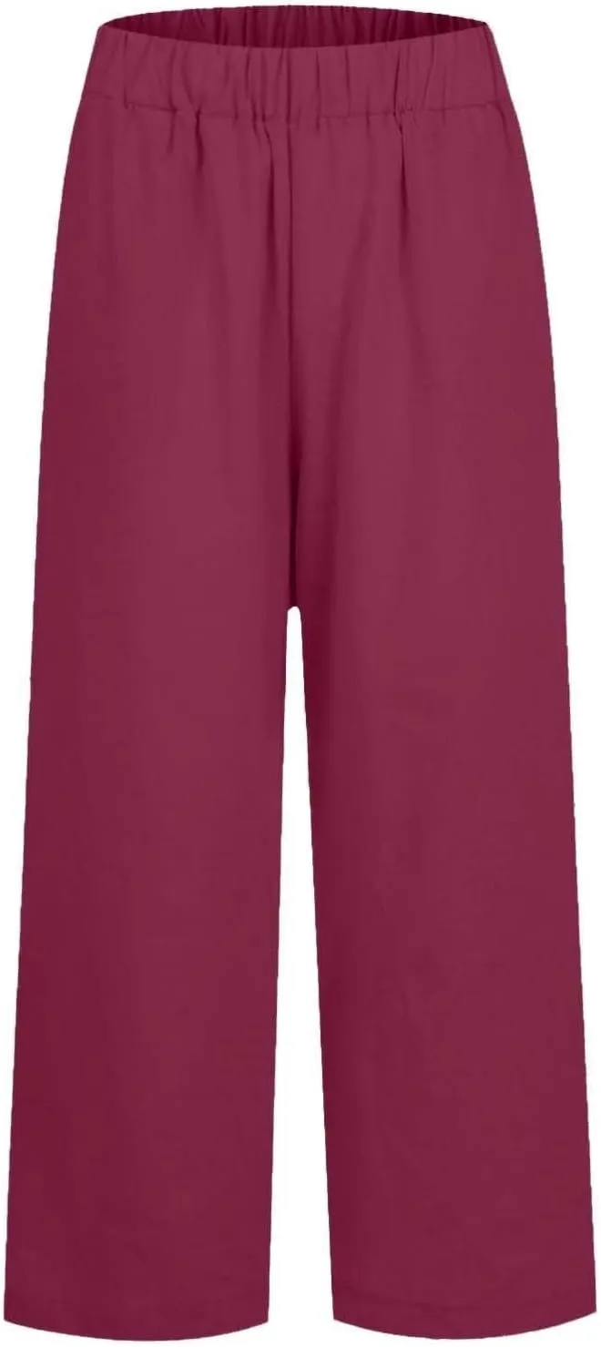 Lounge Pants for Women Casual Cotton Linen Summer Wide Leg Drawstring High Waist Cropped Trouser Vacation Outfits