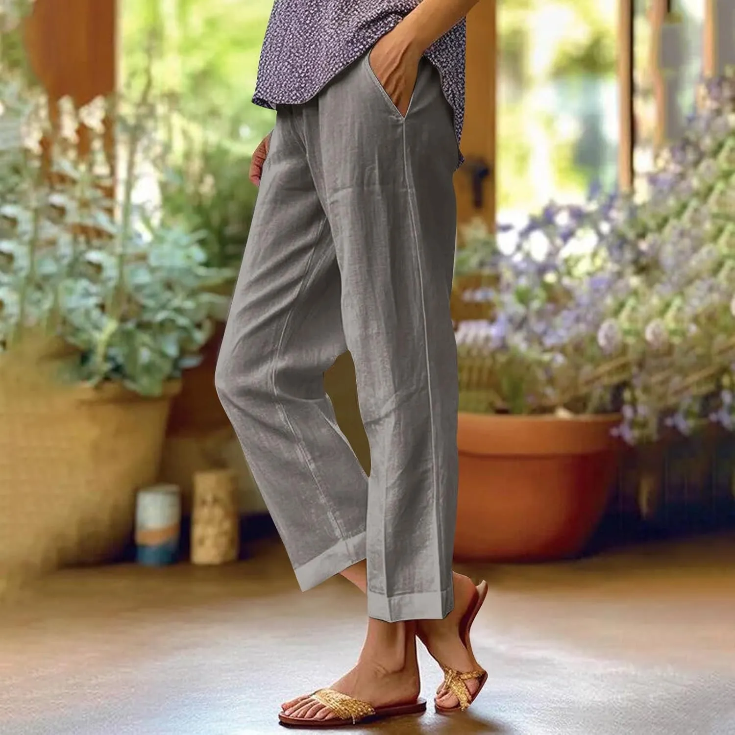 Lounge Pants for Women Casual Cotton Linen Summer Wide Leg Drawstring High Waist Cropped Trouser Vacation Outfits