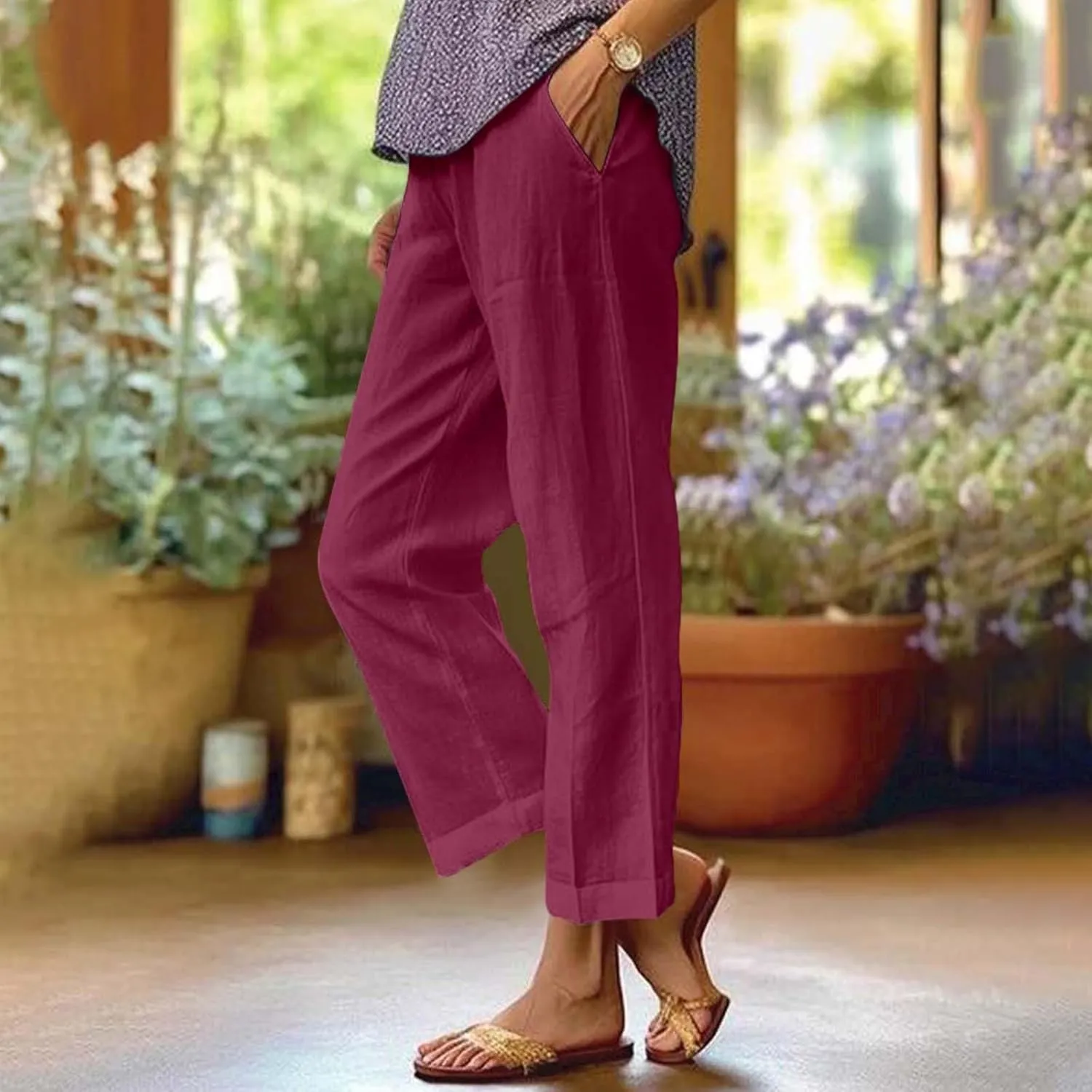 Lounge Pants for Women Casual Cotton Linen Summer Wide Leg Drawstring High Waist Cropped Trouser Vacation Outfits