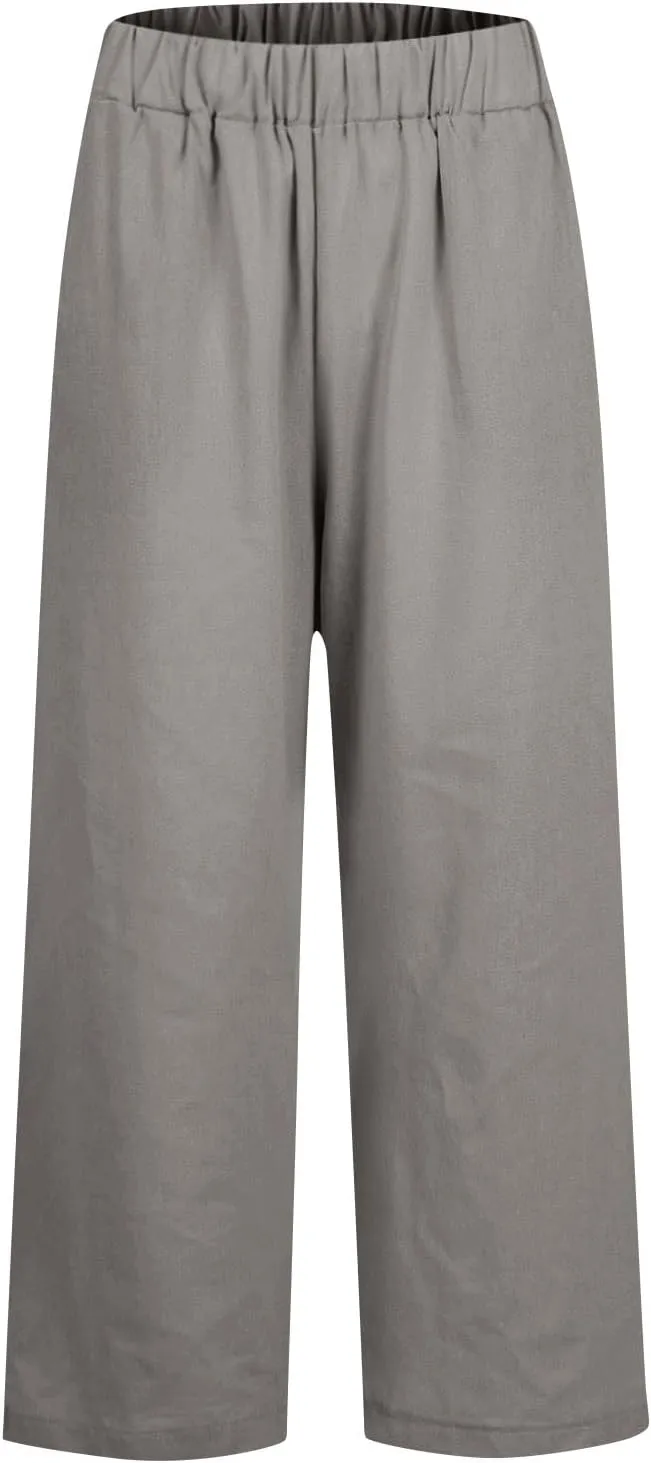 Lounge Pants for Women Casual Cotton Linen Summer Wide Leg Drawstring High Waist Cropped Trouser Vacation Outfits