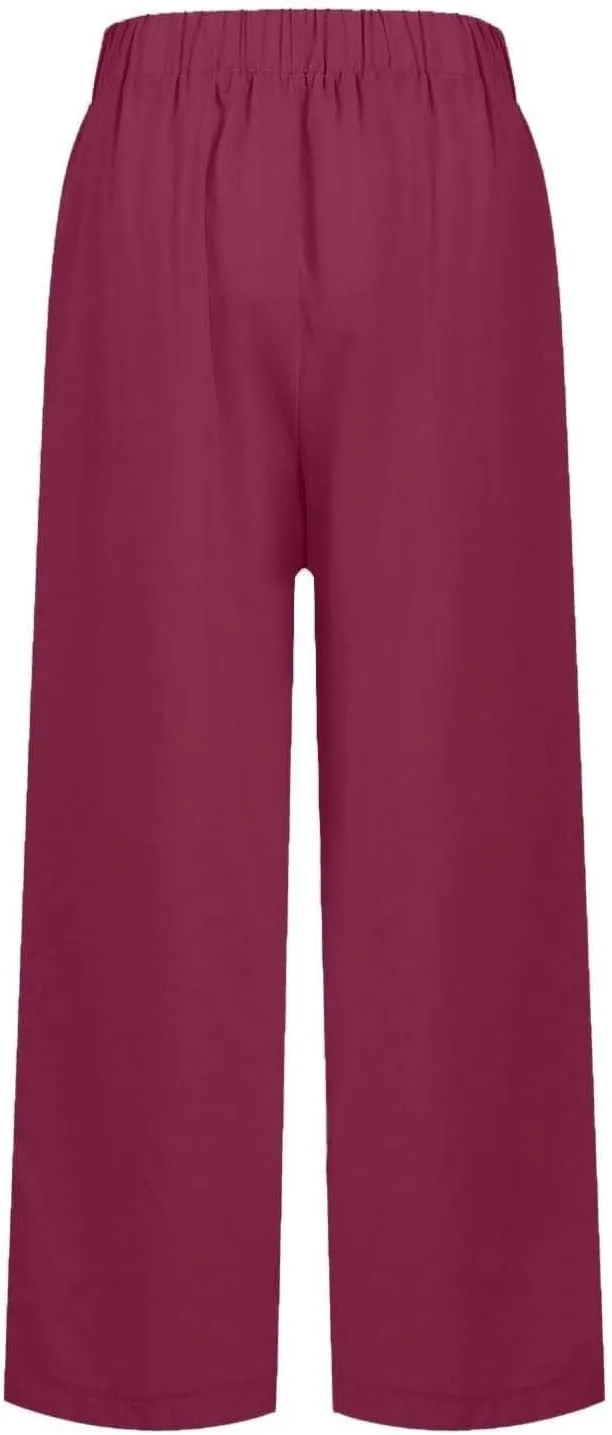 Lounge Pants for Women Casual Cotton Linen Summer Wide Leg Drawstring High Waist Cropped Trouser Vacation Outfits