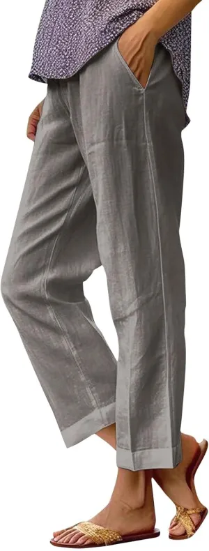 Lounge Pants for Women Casual Cotton Linen Summer Wide Leg Drawstring High Waist Cropped Trouser Vacation Outfits