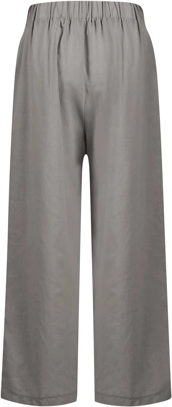 Lounge Pants for Women Casual Cotton Linen Summer Wide Leg Drawstring High Waist Cropped Trouser Vacation Outfits