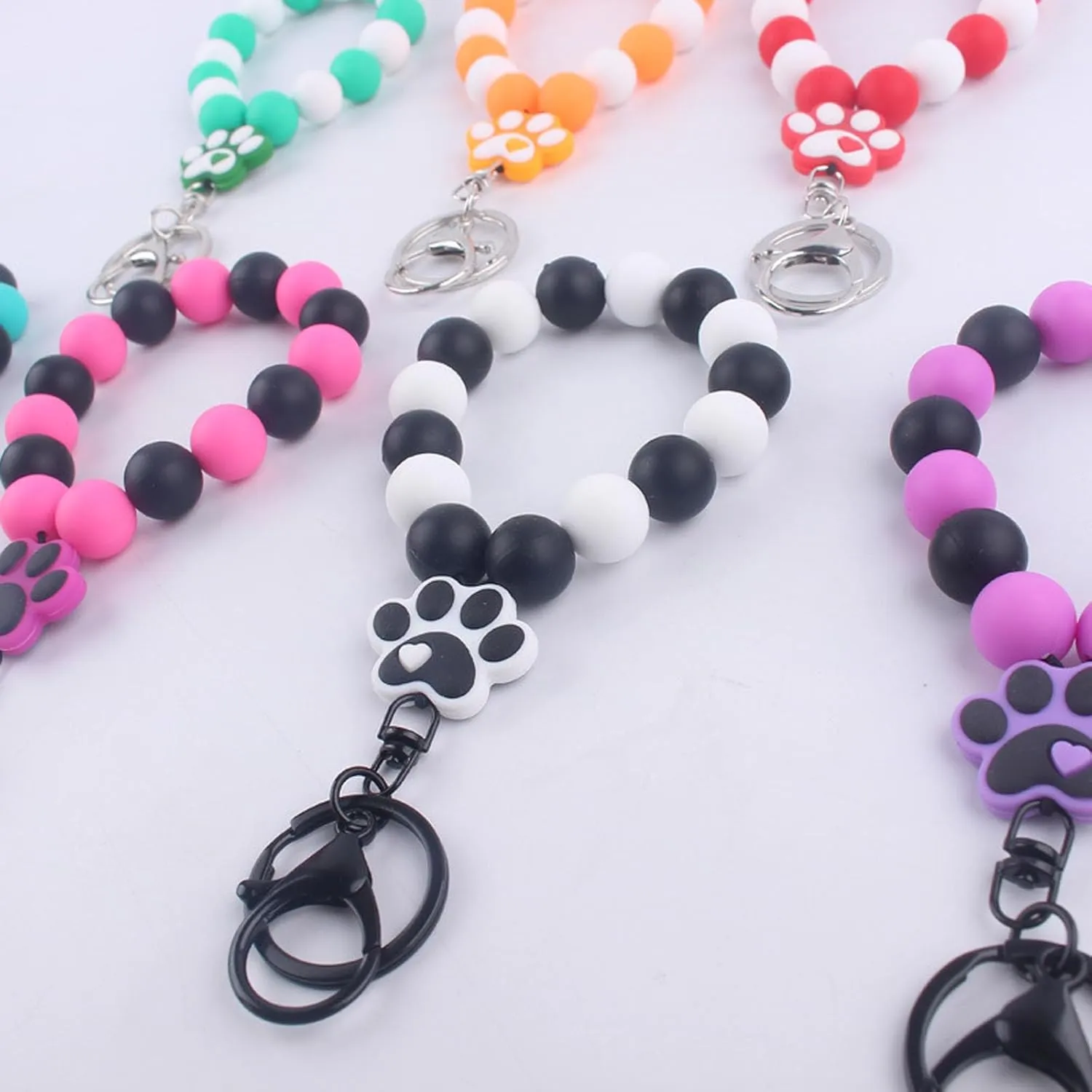 Love Paw Silicone Beaded Bracelet Keychain Wristlet, Dog Claw Bead Key Ring, Bangle for Women, Key Chain Holder