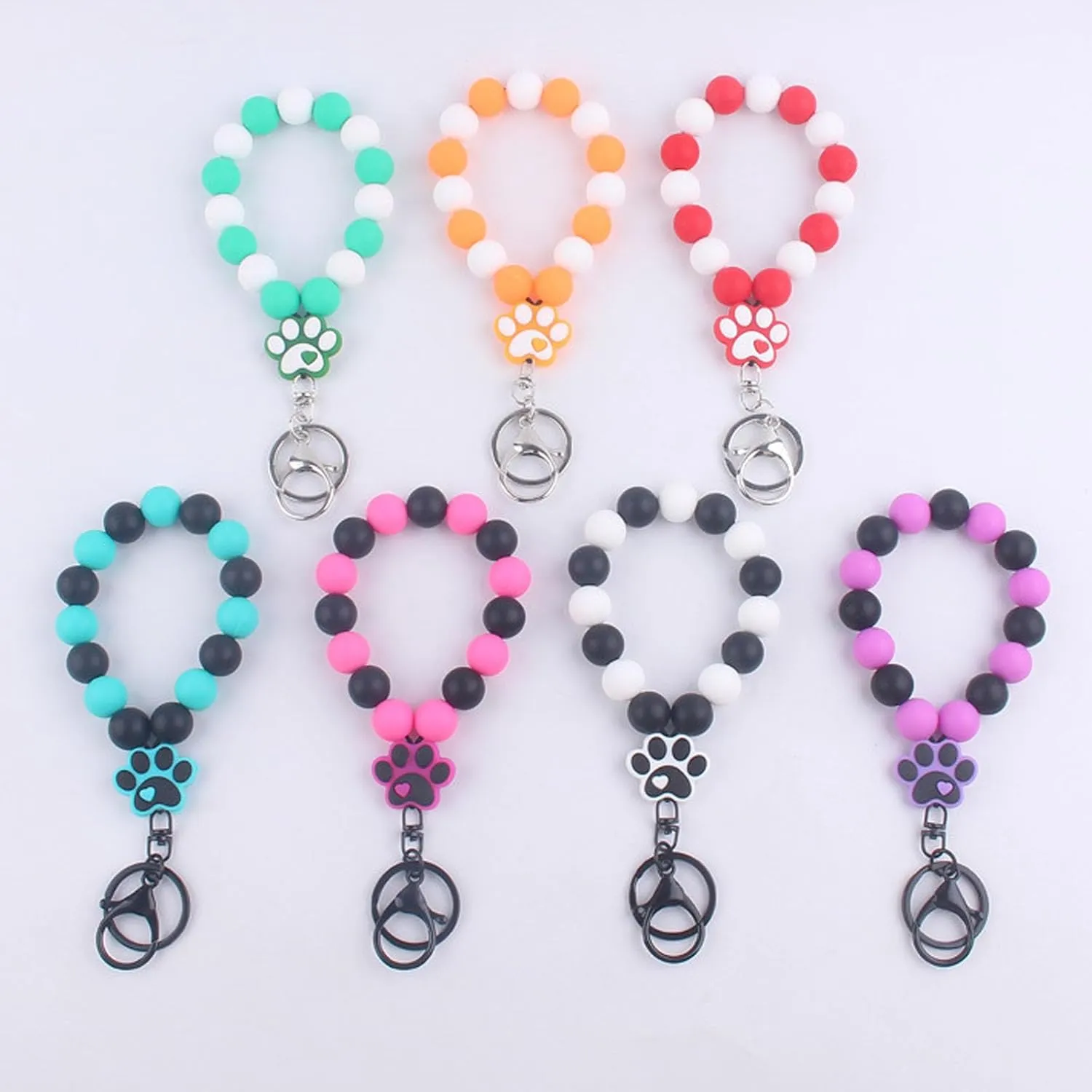 Love Paw Silicone Beaded Bracelet Keychain Wristlet, Dog Claw Bead Key Ring, Bangle for Women, Key Chain Holder