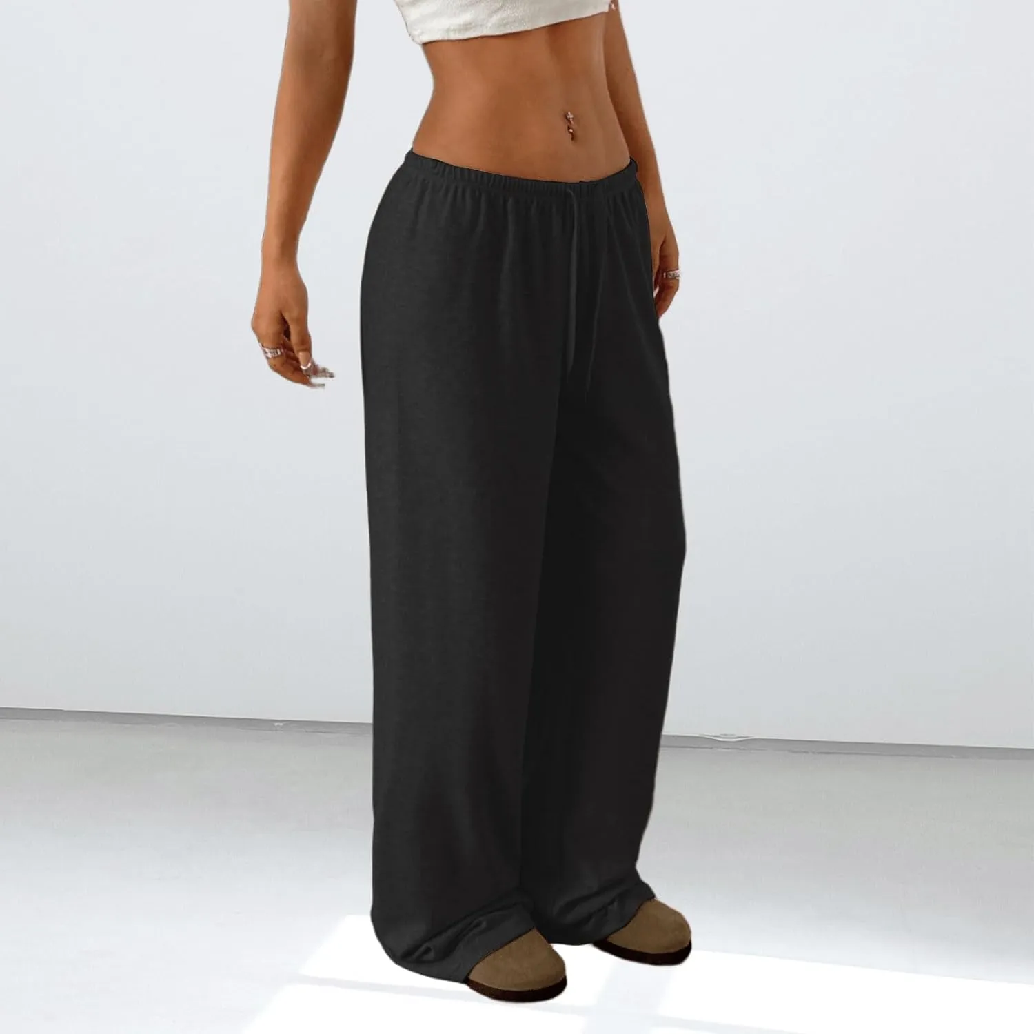 Low Rise Sweatpants for Women Y2K Straight Wide Leg Sweat Pants Drawstring Baggy Lounge Pants with Pockets