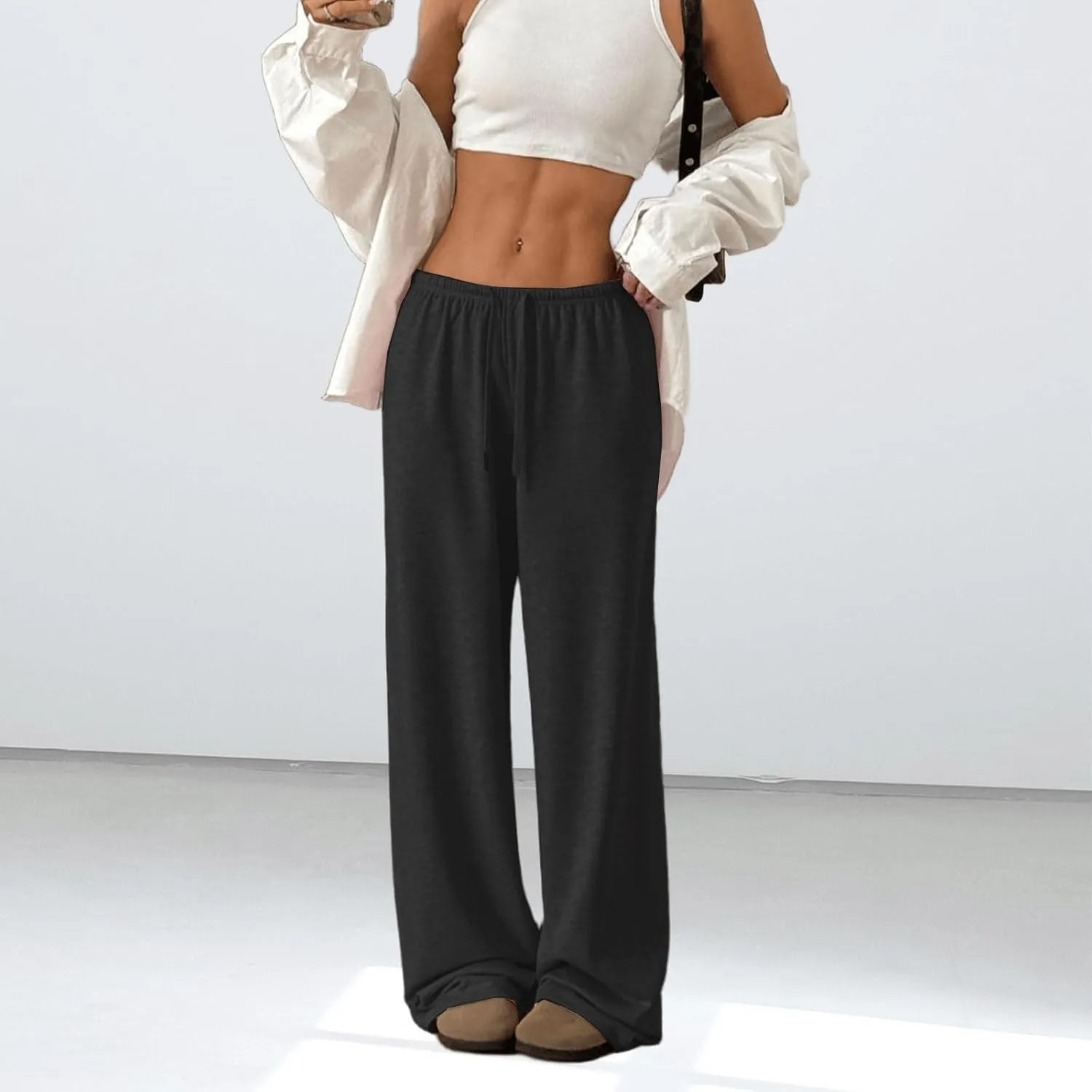 Low Rise Sweatpants for Women Y2K Straight Wide Leg Sweat Pants Drawstring Baggy Lounge Pants with Pockets