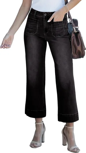 luvamia Wide Leg Jeans for Women Trendy High Waisted Flare Jeans Cropped Denim Pants Stretchy Baggy with Patch Pockets