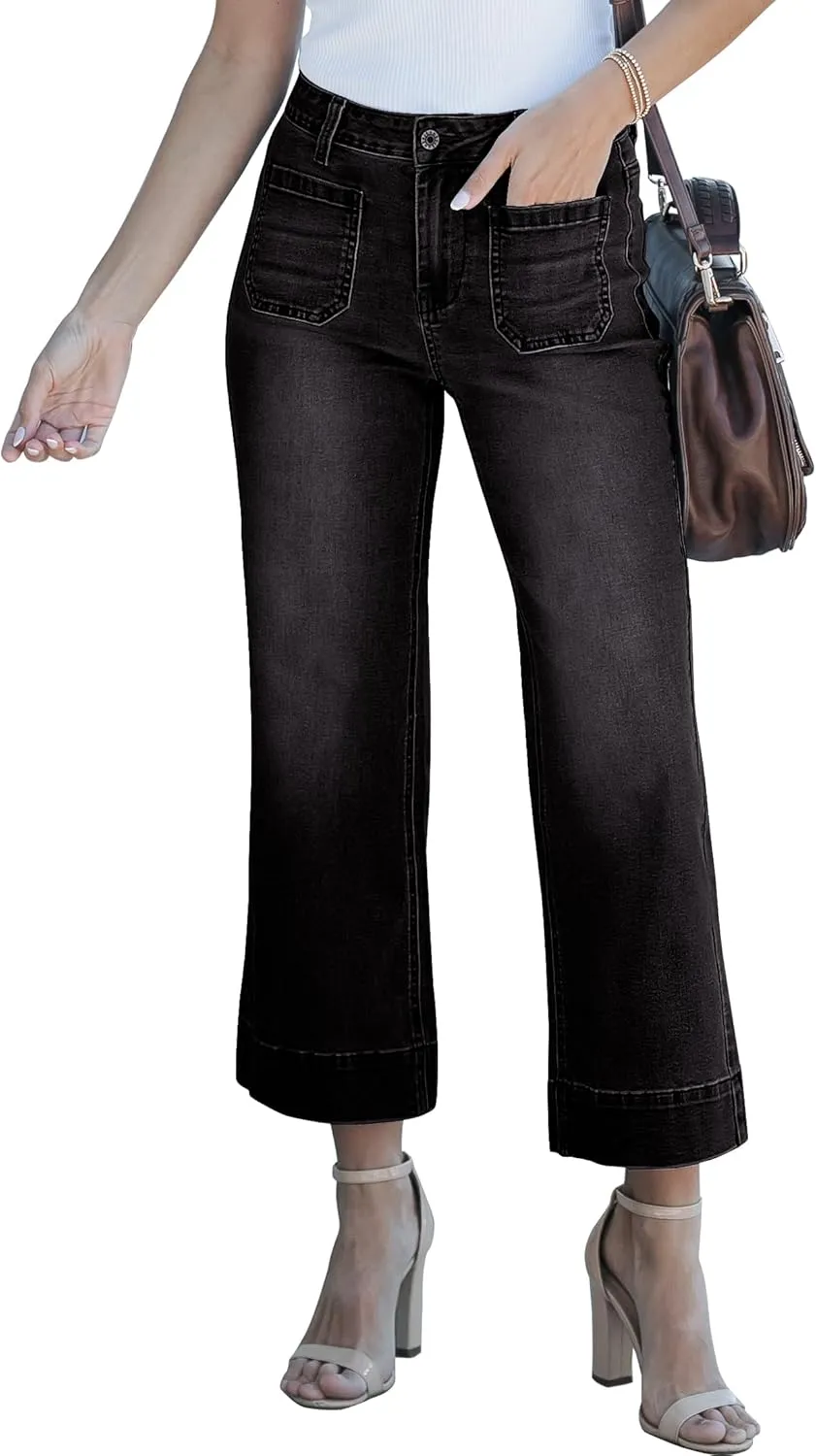 luvamia Wide Leg Jeans for Women Trendy High Waisted Flare Jeans Cropped Denim Pants Stretchy Baggy with Patch Pockets