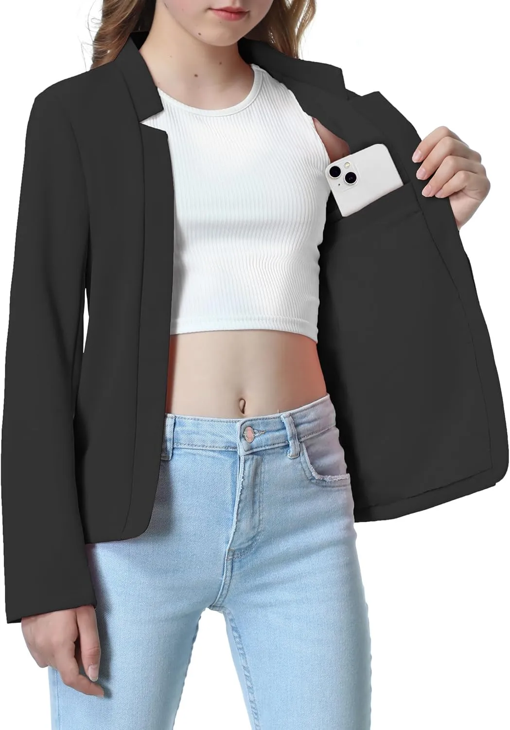 Mebius Girls Blazer Jacket with Inner Pocket Long Sleeve Notched Collar/Lapel Collar Open Front Casual Kids Blazers Suit