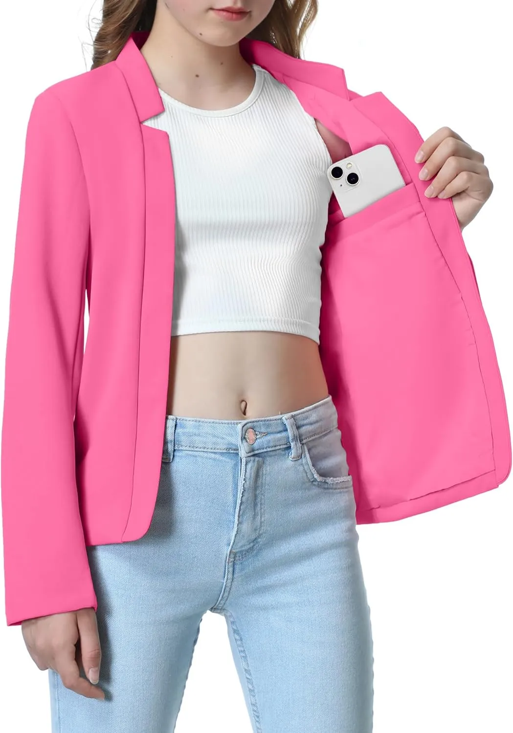 Mebius Girls Blazer Jacket with Inner Pocket Long Sleeve Notched Collar/Lapel Collar Open Front Casual Kids Blazers Suit